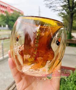 星巴克杯子周年庆万圣节橘色猫爪双层玻璃杯6oz琥珀色咖啡喝水杯