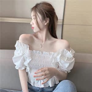 方领木耳边泡泡袖白色雪纺衫女一字肩夏褶皱弹力短款露脐小衫上衣