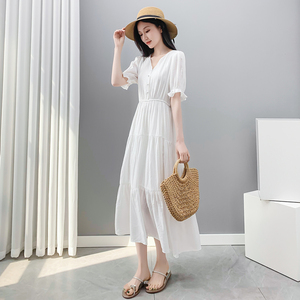 白色雪纺连衣裙女装2024夏季新款短袖修身显瘦气质V领茶歇裙长裙