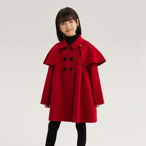 女童双面羊绒外套2023秋冬新款儿童中长加厚新年洋气红色呢子大衣