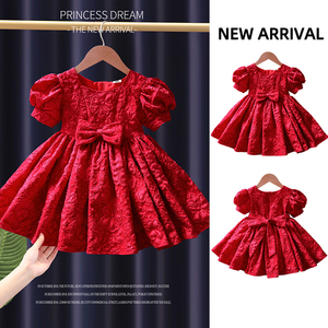 女童连衣裙夏季花童高端洋气婴儿一周岁礼服女宝宝红色蓬蓬公主裙
