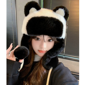 毛绒帽子女冬季加厚可爱黑白熊猫雷锋帽加绒户外护耳朵保暖滑雪帽