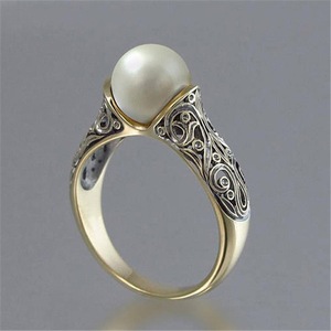 Youngwish热卖新款镶嵌进口人造ABS珍珠戒指 镀14k黄金复古银饰品