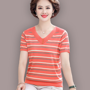 中老年妈妈夏装短袖t恤女冰丝上衣加肥加大码桑蚕丝半袖条纹体恤