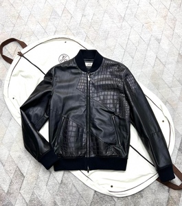 hermes爱马仕男士鳄鱼皮湾鳄拼接夹克男装真皮皮衣外套