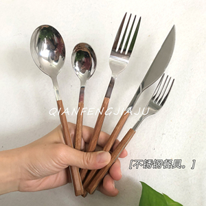 韩式网红家用长柄勺子不锈钢餐具刀叉ins风精致仿木柄甜品小勺子