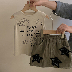 女童休闲上衣2024夏季新款卡通字母针织背心星星贴布半身裙套装潮