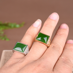 新疆和田碧玉活扣戒指帝王绿色指环霸气男款活口银镶嵌方形玉戒指