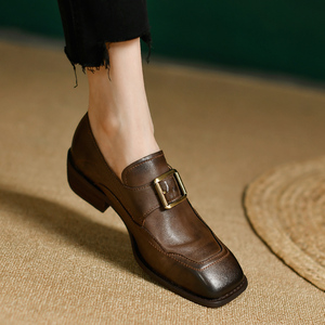 英伦风小皮鞋女春秋复古棕色乐福鞋女真皮深口中跟方头软皮单鞋女