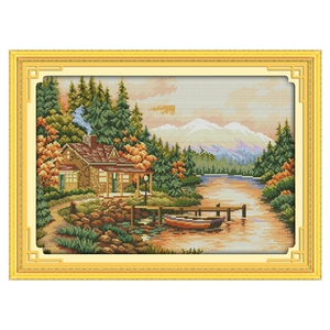 晚霞的美新款小桥流水人家印花十字绣大山森林树木满绣风景刺绣画