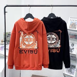 潮牌福神evisu 男士21ss秋季新款樱花字母刺绣连帽卫衣宽松套头衫