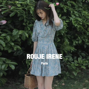 法国Rouje Irene法式小个子气质薄款雪纺泡泡袖蓝底碎花连衣裙夏