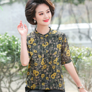 洋气妈妈夏装印花真丝t恤上衣中老年女装大码宽松桑蚕丝高档小衫