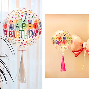 彩虹纸屑生日快乐透明印花4D球圆形波波球宝宝周岁派对装饰3D气球