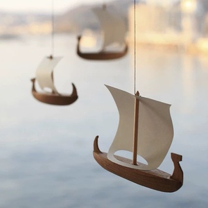 丹麦帆船木雕装饰动态平衡吊饰柚木装饰品室内背景墙壁挂摆件