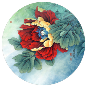 工笔画底稿--牡丹团扇金背大红(送彩图)