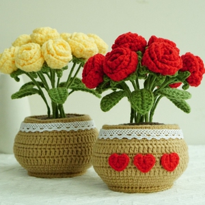 勾勾乐手工diy编织钩针材料包玫瑰盆栽毛线自制情人节礼物仿真花