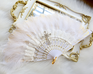 日系欧式复古白色金色蕾丝lolita拍照花嫁折扇扇子茶会蕾丝羽毛扇