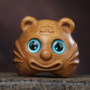 绿檀木卡通版动物木雕可爱呆萌老虎头随身文玩手把件小摆件工艺品