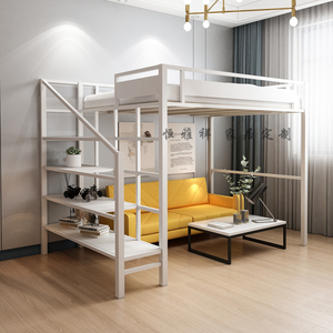 北欧单上层高架床小户型上下铺简约铁艺上床下桌阁楼床双人铁架床