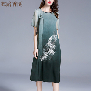 杭州真丝连衣裙民族风新款短袖宽松大码显瘦中长款印花桑蚕丝裙子