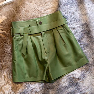 绿色2021年新款品质高档真皮皮裤女绵羊皮短裤时尚阔腿高腰秋冬款