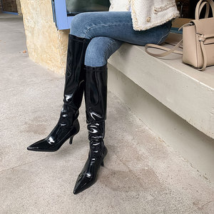 黑色亮皮性感高跟过膝靴女显瘦细跟长筒靴子