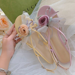 去度假吧~花朵蕾丝仙女鞋夏中跟小高跟法式凉鞋温柔风女鞋