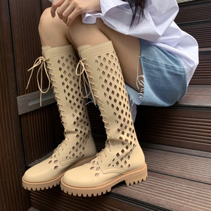 炸街款~时髦girl@夏季洞洞长筒马丁靴女杏色厚底休闲时尚长靴子夏