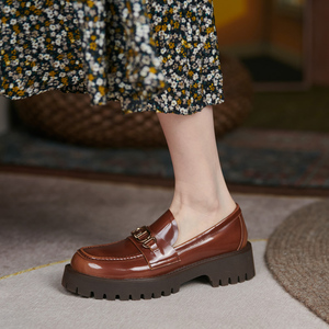 英伦风厚底女鞋圆头中跟真皮女士单鞋舒适复古休闲牛皮粗跟牛津鞋