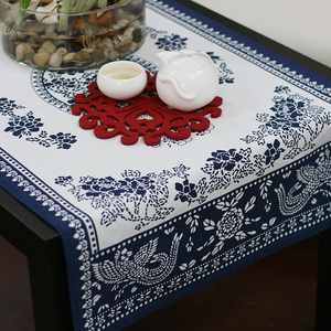 蓝色中国风布艺桌布长方形茶几布餐桌台布家用方巾中式柜布盖布