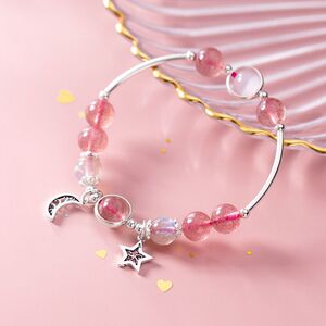 天然草莓晶星月手链粉色儿童少女手链学生闺蜜生日礼物
