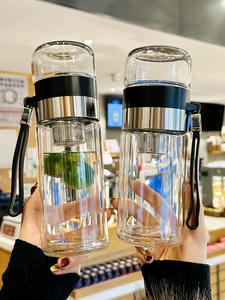 日本双层玻璃杯男士隔热泡茶杯带茶隔透明高颜值便携耐热户外水杯