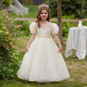 跨境欧美新款中大女童礼服公主裙儿童钢琴演出网纱亮片泡泡袖长裙