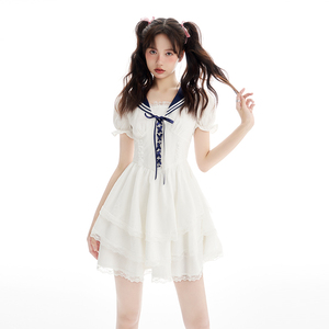 chummy原创新款蓬蓬裙甜辣学院风少女裙子显瘦白色海军风连衣裙女