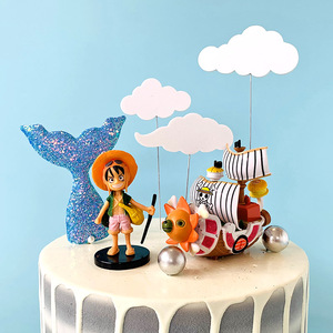 太阳号海盗船蛋糕摆件海贼王路飞索隆烘焙装饰海绵云朵蛋糕插件