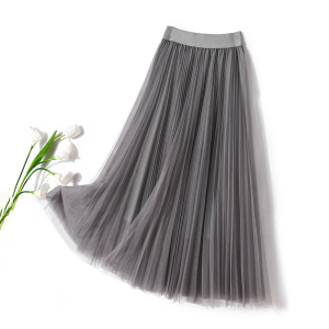缥缈仙气烟灰色百褶裙 蓬蓬半身裙垂感显瘦中长款高端网纱裙春夏