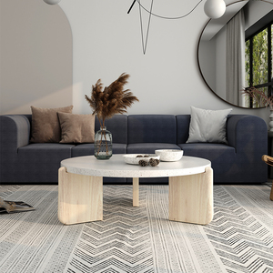 北欧极简水磨石茶几客厅侘寂风圆形桌子实木大理石可定制茶桌桌面