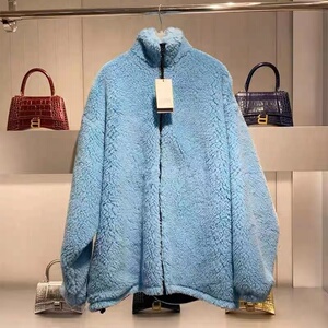 balenciaga/巴黎世家毛呢大衣女棉服 雾霾蓝羊羔毛外套男毛绒宽松