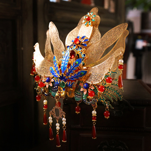 古风假发古典发饰皇后发饰景泰蓝流苏发冠红色明制大婚凤冠霞帔