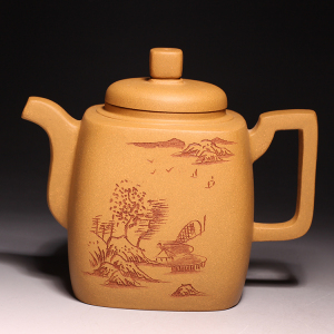 宜兴黄金段泥紫砂壶名家 纯全手工谭青 无瑕山水刻绘原矿高四方壶