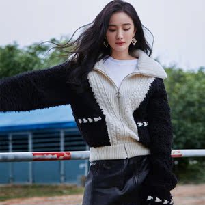 香港品牌折扣杨幂明星同款宽松毛绒夹克大幂幂翻领针织外套毛衣女