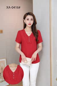 红娅轩xa-0416中年短袖大红雪纺小衫2022夏季新款妈妈t恤衫百搭女