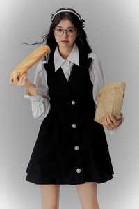 Anni/法式学院 气质羊驼尼背心裙连衣裙衬衫上衣两件套套装小个子