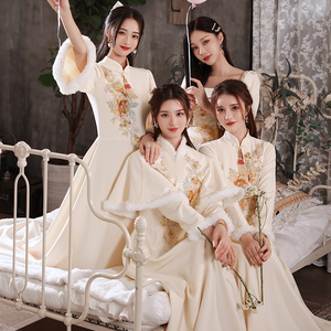 中式伴娘服2024新款冬季长袖婚礼姐妹团礼服裙女香槟色长款高级感