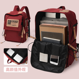书包红色女生高中生酒红色双肩包女大学生可放电脑小众设计感背包