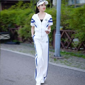 名牌运动服套装女夏季韩版时尚洋气连帽拉链短袖休闲阔腿裤两件套