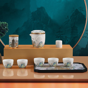 德化素烧羊脂玉瓷功夫茶具春山锦绣君悦茶具商务套装中式复古风盘