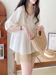 韩版娃娃衫上衣女夏季薄款设计感小众v领灯笼袖衬衫短袖通勤衬衣