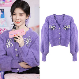 鞠婧祎明星同款蝴蝶结紫色毛衣外套女泡泡袖针织开衫复古上衣秋冬